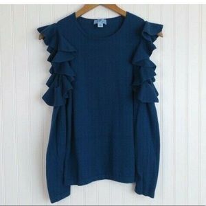 CeCe Blue Cold Shoulder Ruffle Sweater Medium